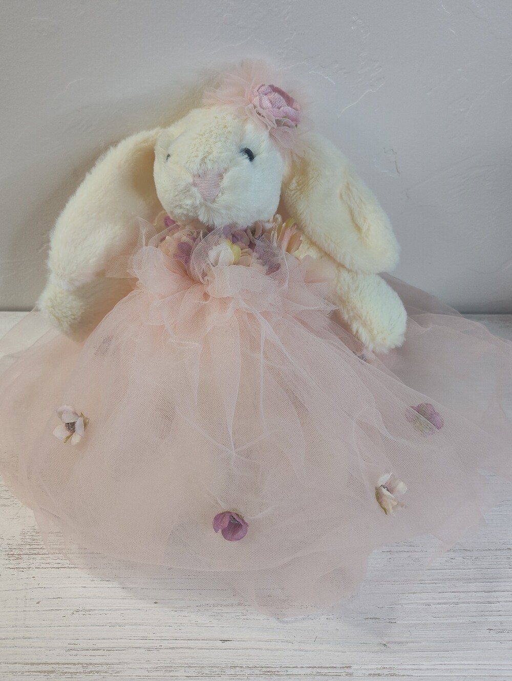 Soft PLUSH Floppy BUNNY RABBIT w FLOWER Pink  DRESS Doll 11"  DELTON